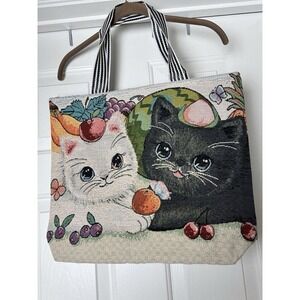 NEW WOVEN BLACK & WHITE Cats,KITTEN PLAY FABRIC,TOP ZIP LRG TOTE,SHOULDER BAG